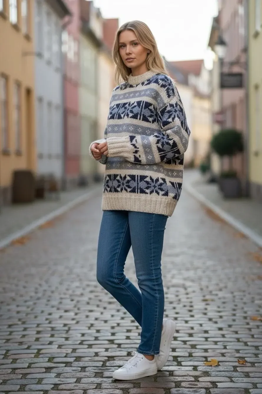 Vintage Rey Wear Chunky-Knit Sweater Adult Large Blue White Made in Ecuador